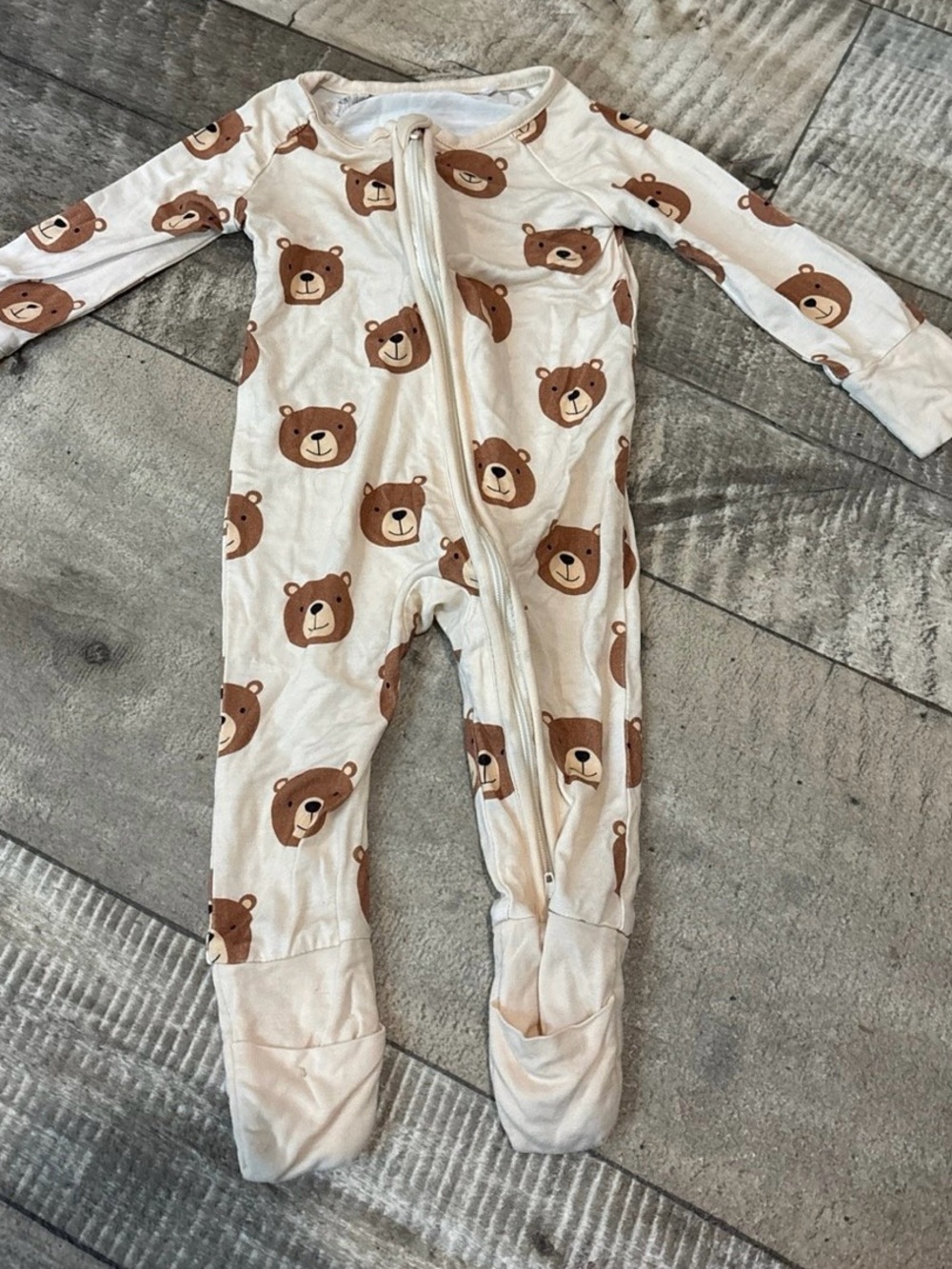 Bear Print Cream Footed Baby One-Piece